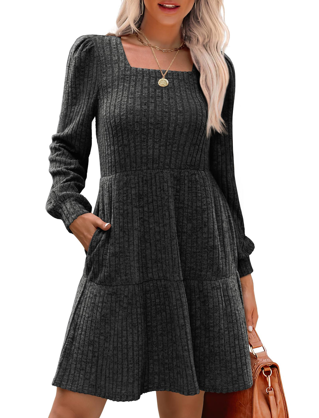 Women's Square Neck Lantern Sleeve Ribbed Dress - Buy 2, Get Free Shipping!
