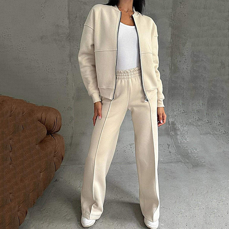 💖Women's Two-Piece Relaxed Fit Set - Zippered Jacket and Wide-Leg Pants